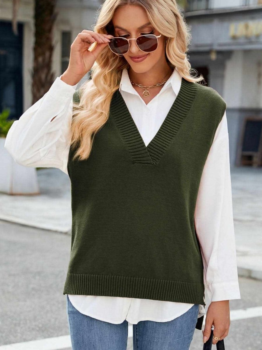 Side Slit V-Neck Sweater Vest - Love Salve 