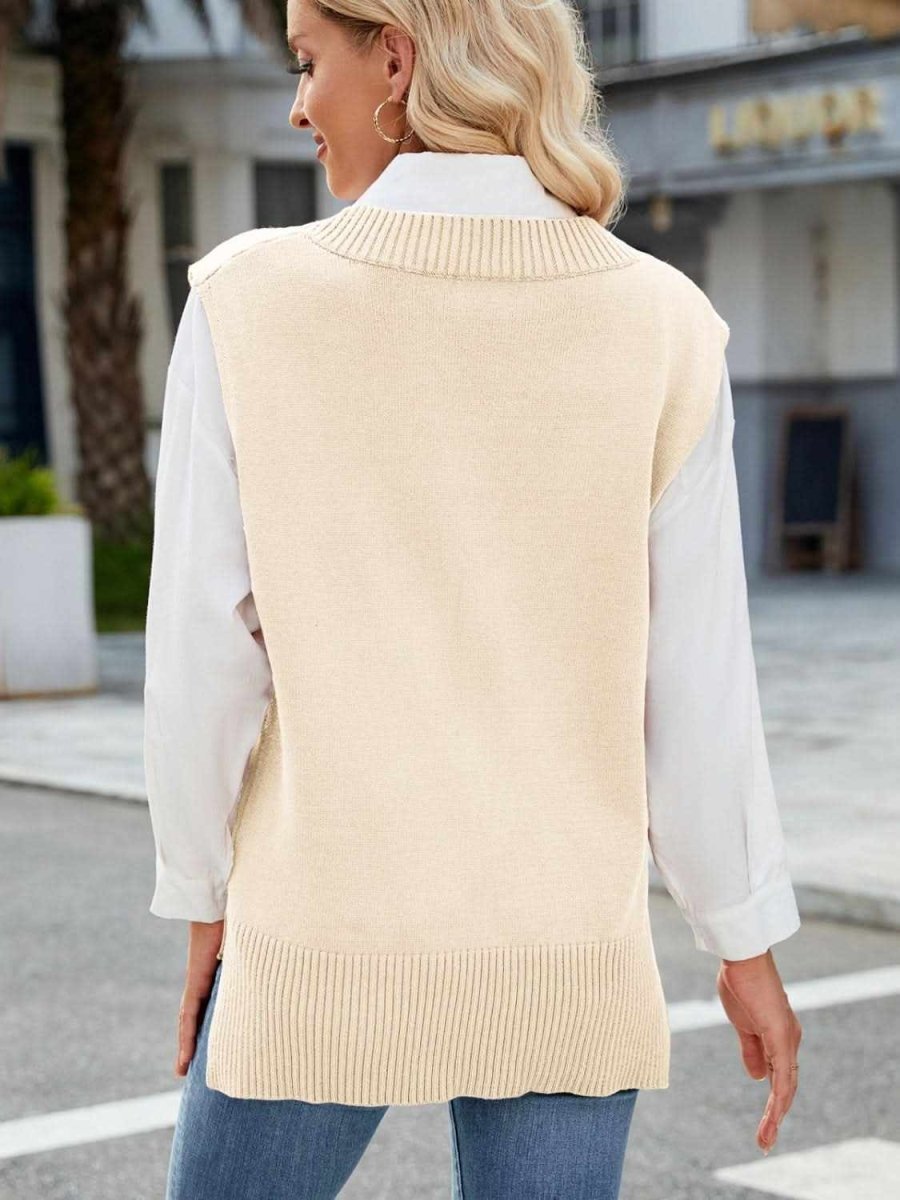 Side Slit V-Neck Sweater Vest - Love Salve 