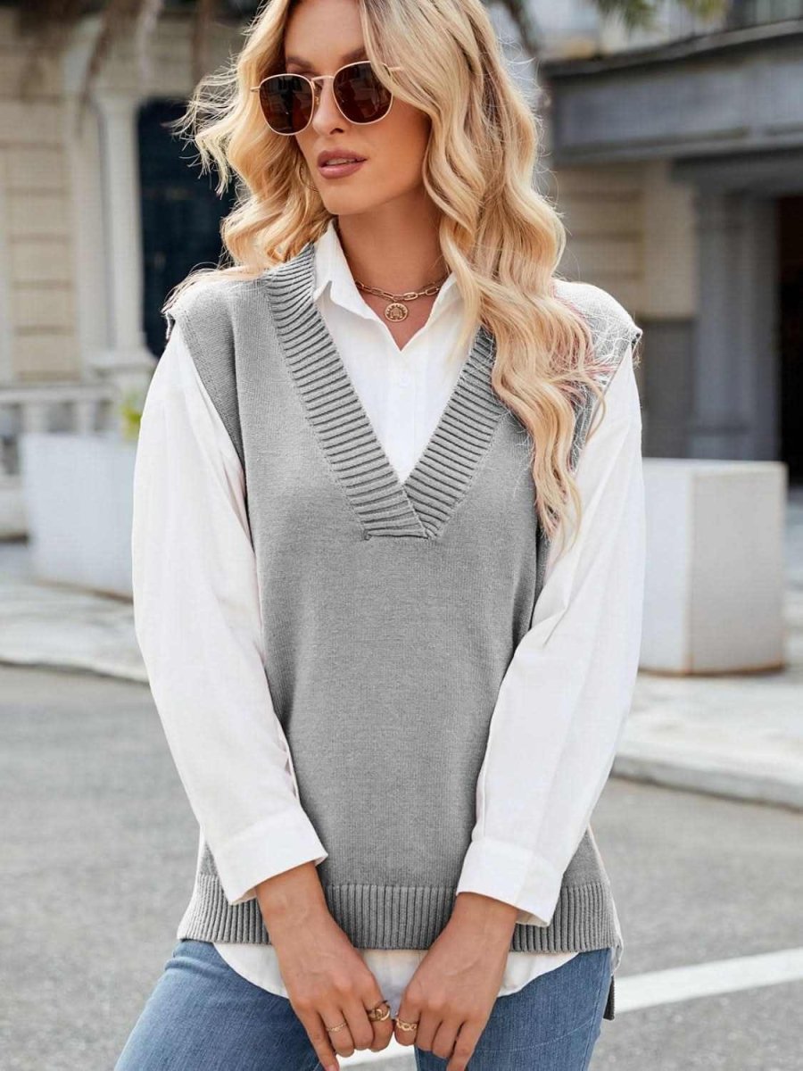 Side Slit V-Neck Sweater Vest - Love Salve 