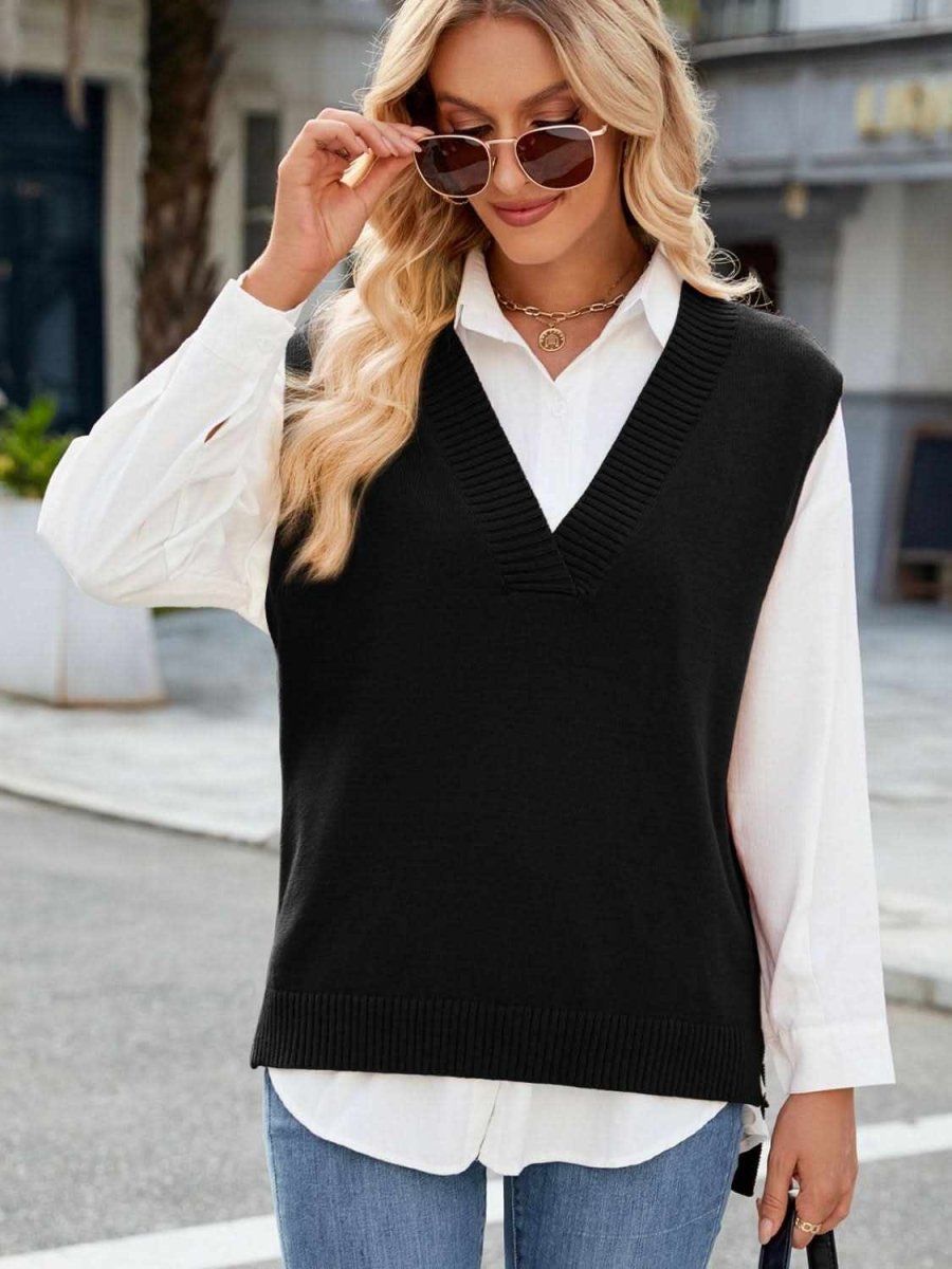 Side Slit V-Neck Sweater Vest - Love Salve 