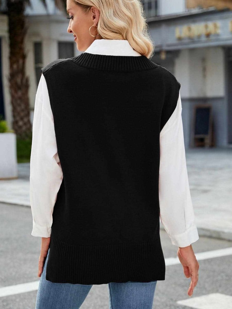 Side Slit V-Neck Sweater Vest - Love Salve 