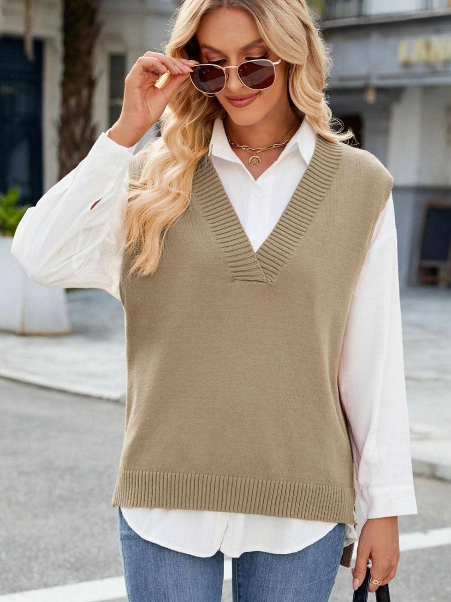 Side Slit V-Neck Sweater Vest - Love Salve 