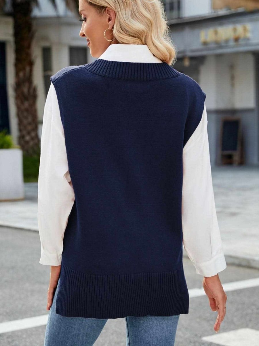 Side Slit V-Neck Sweater Vest - Love Salve 