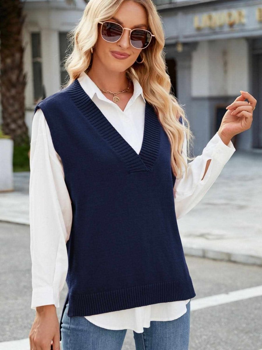 Side Slit V-Neck Sweater Vest - Love Salve 