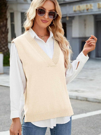 Side Slit V-Neck Sweater Vest - Love Salve 