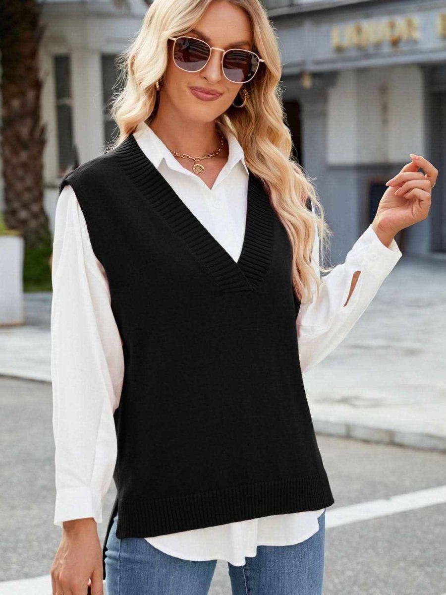 Side Slit V-Neck Sweater Vest - Love Salve 