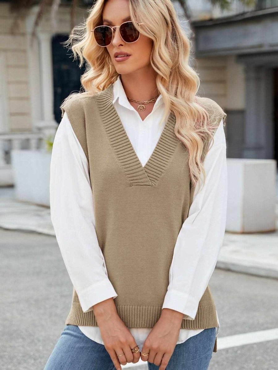 Side Slit V-Neck Sweater Vest - Love Salve 