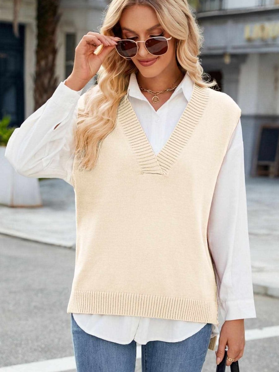 Side Slit V-Neck Sweater Vest - Love Salve 