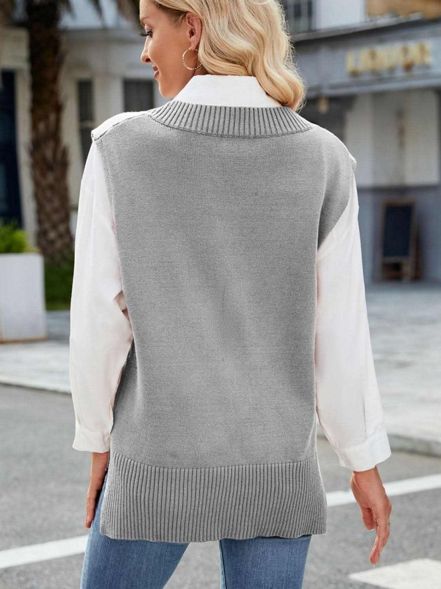 Side Slit V-Neck Sweater Vest - Love Salve 