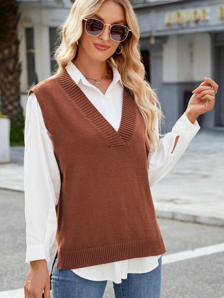 Side Slit V-Neck Sweater Vest - Love Salve 