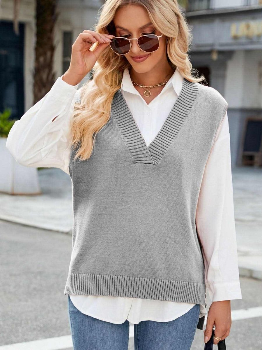 Side Slit V-Neck Sweater Vest - Love Salve 