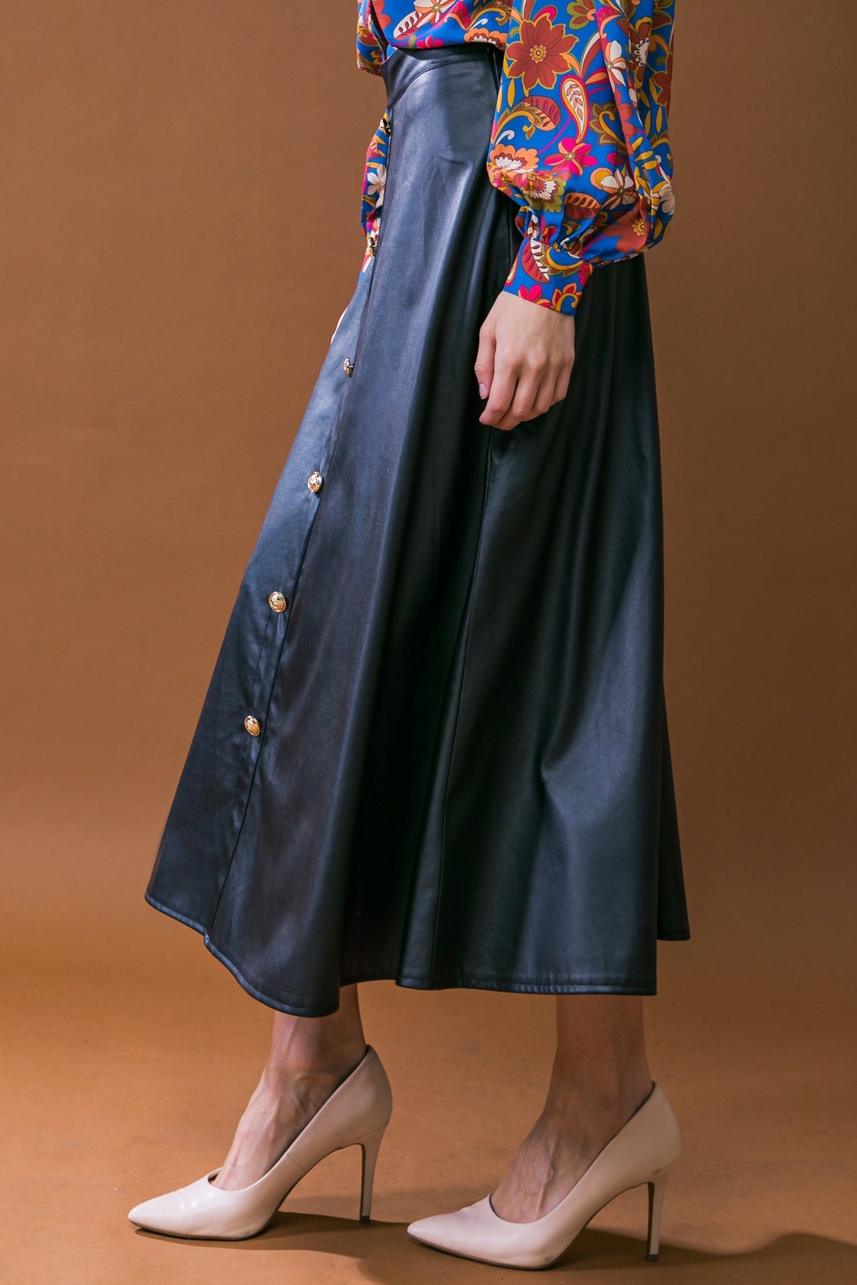 MOONLIT LOVE FAUX LEATHER MIDI SKIRT Flying Tomato