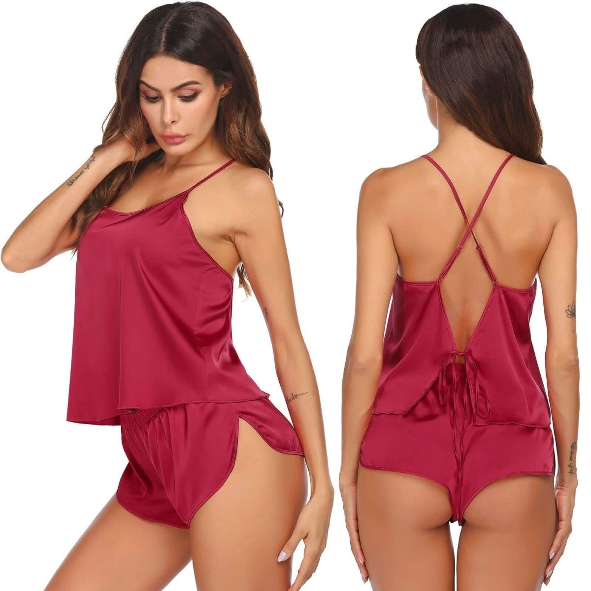 Silk Pajamas Set for Women Satin Backless Lingerie Pjs Cami Top and Shorts Nightwear - Love Salve 