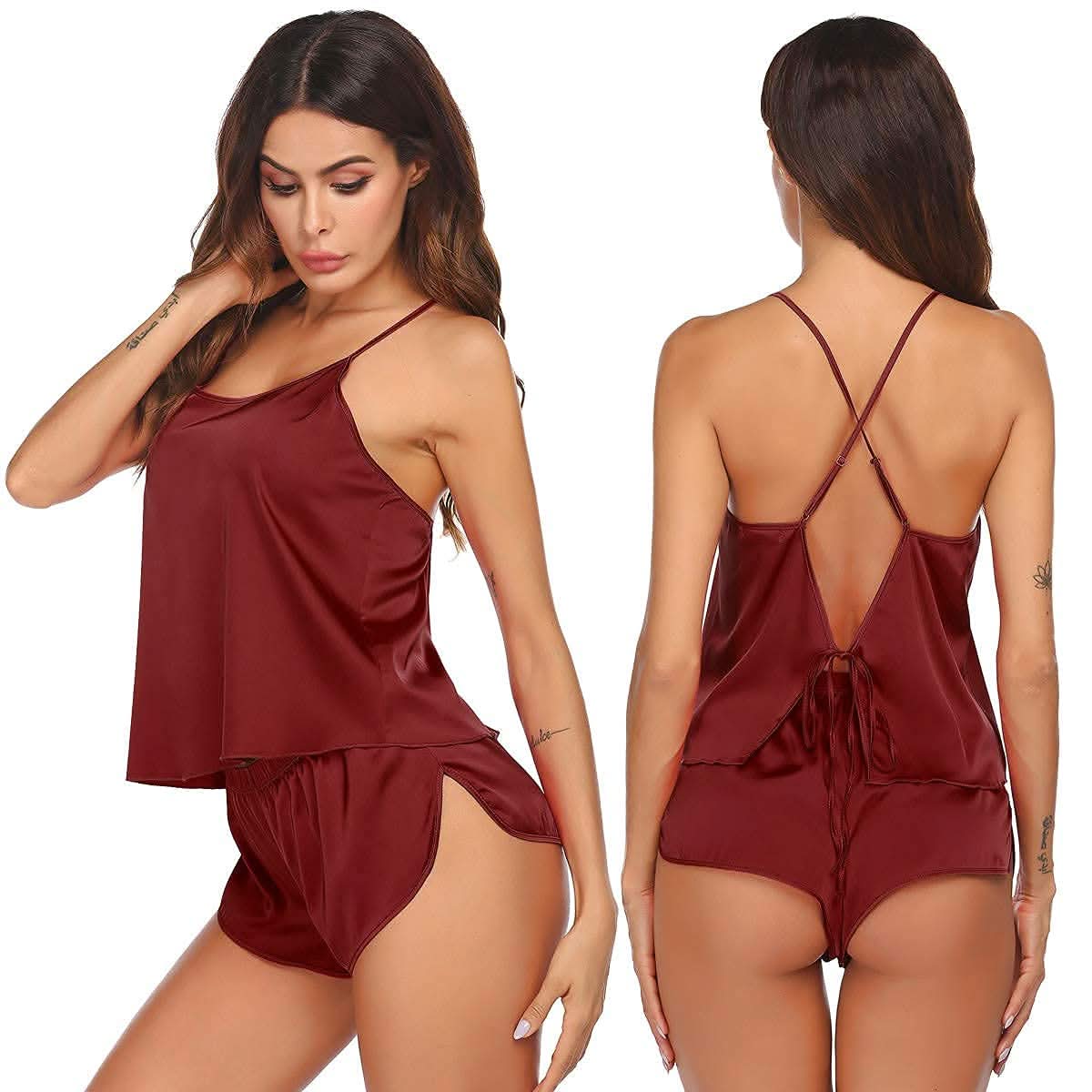 Silk Pajamas Set for Women Satin Backless Lingerie Pjs Cami Top and Shorts Nightwear - Love Salve 