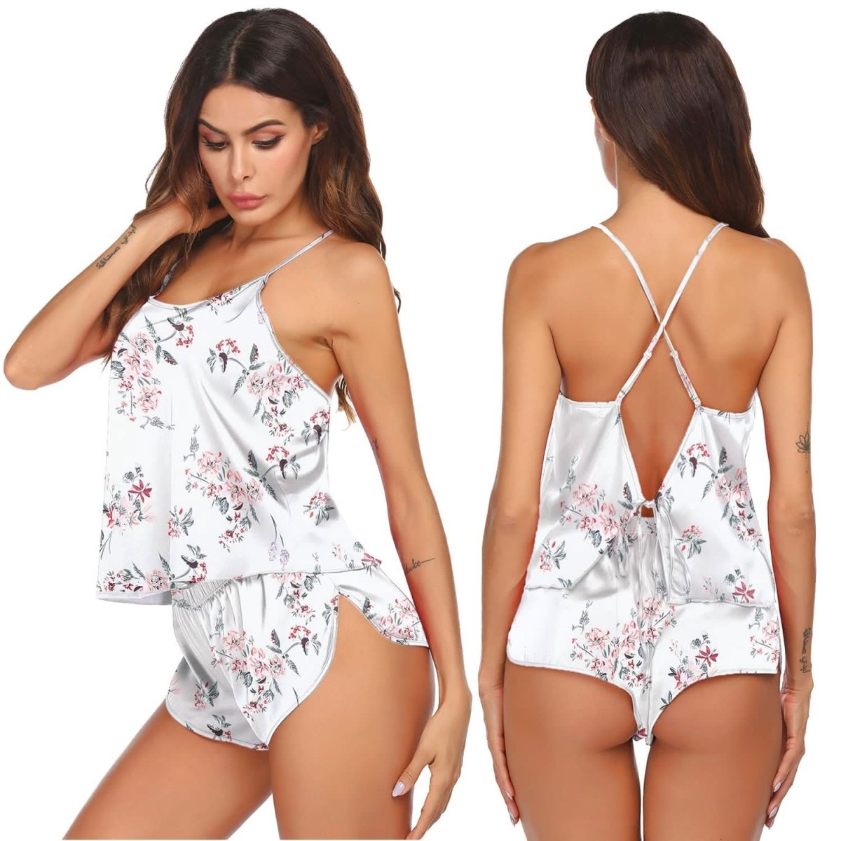 Silk Pajamas Set for Women Satin Backless Lingerie Pjs Cami Top and Shorts Nightwear - Love Salve 