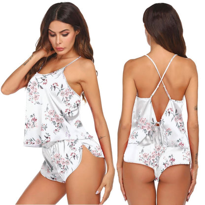 Silk Pajamas Set for Women Satin Backless Lingerie Pjs Cami Top and Shorts Nightwear - Love Salve 