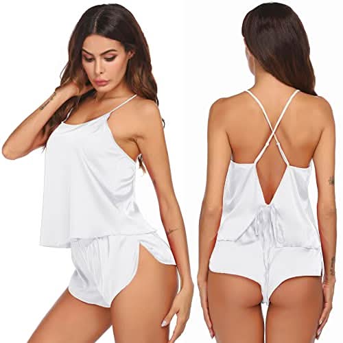 Silk Pajamas Set for Women Satin Backless Lingerie Pjs Cami Top and Shorts Nightwear - Love Salve 