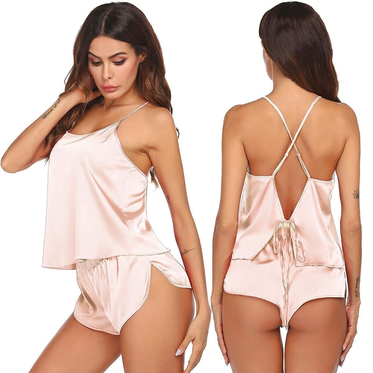 Silk Pajamas Set for Women Satin Backless Lingerie Pjs Cami Top and Shorts Nightwear - Love Salve 