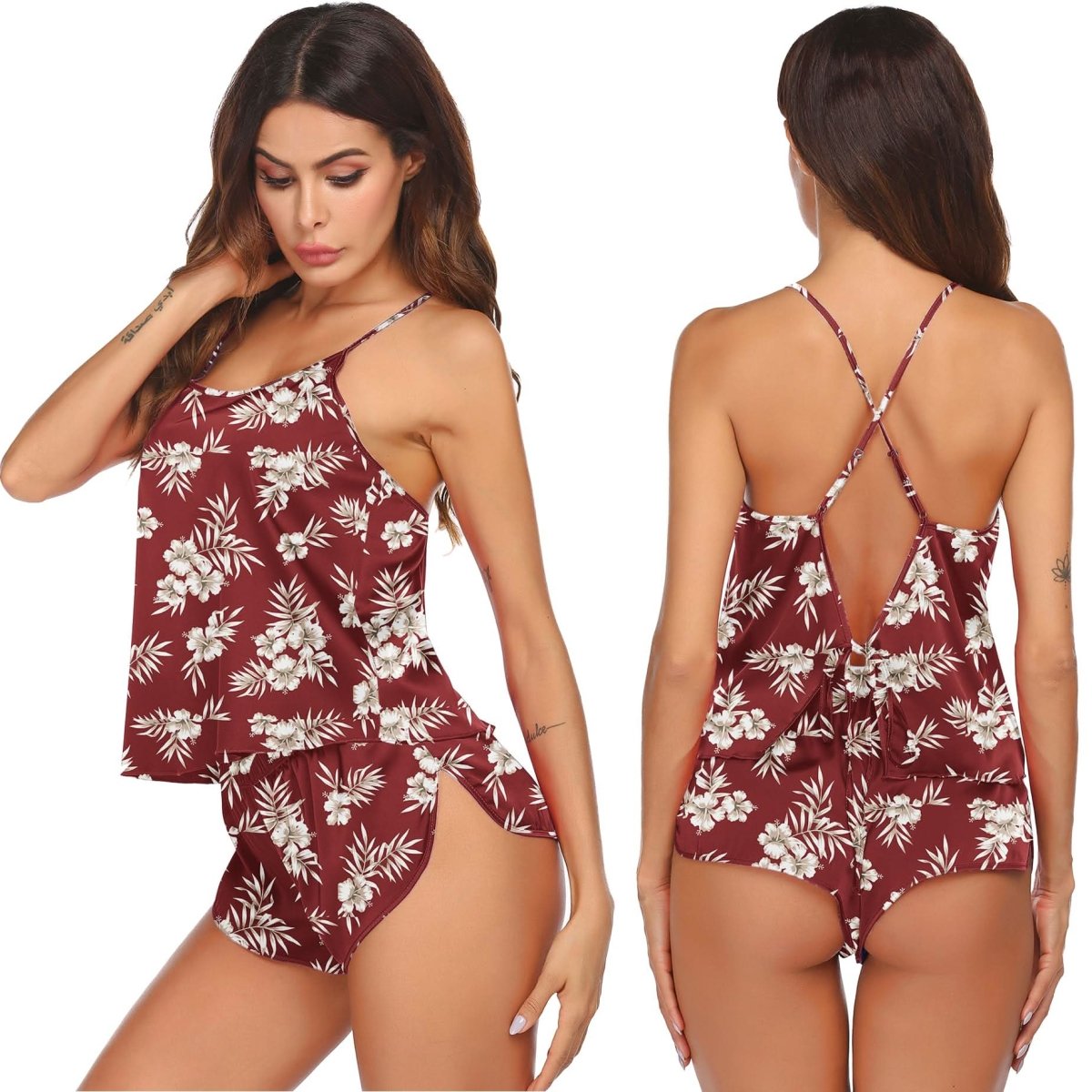 Silk Pajamas Set for Women Satin Backless Lingerie Pjs Cami Top and Shorts Nightwear - Love Salve 