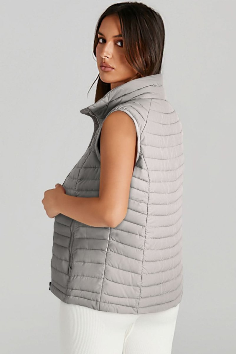 Silvery Plush Collared Quilted Zipped Puffer Vest - Love Salve