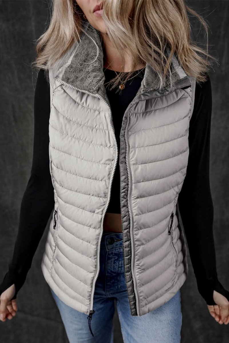 Silvery Plush Collared Quilted Zipped Puffer Vest - Love Salve