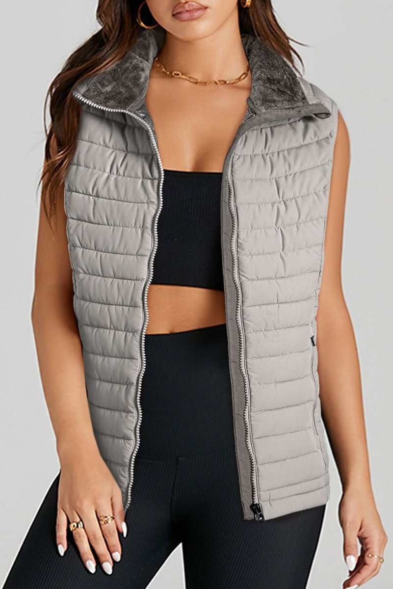 Silvery Plush Collared Quilted Zipped Puffer Vest - Love Salve
