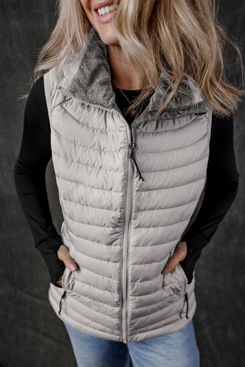 Silvery Plush Collared Quilted Zipped Puffer Vest - Love Salve