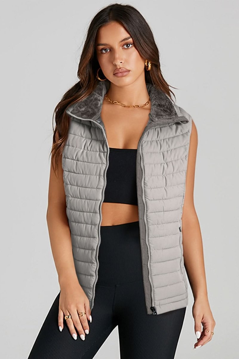 Silvery Plush Collared Quilted Zipped Puffer Vest - Love Salve