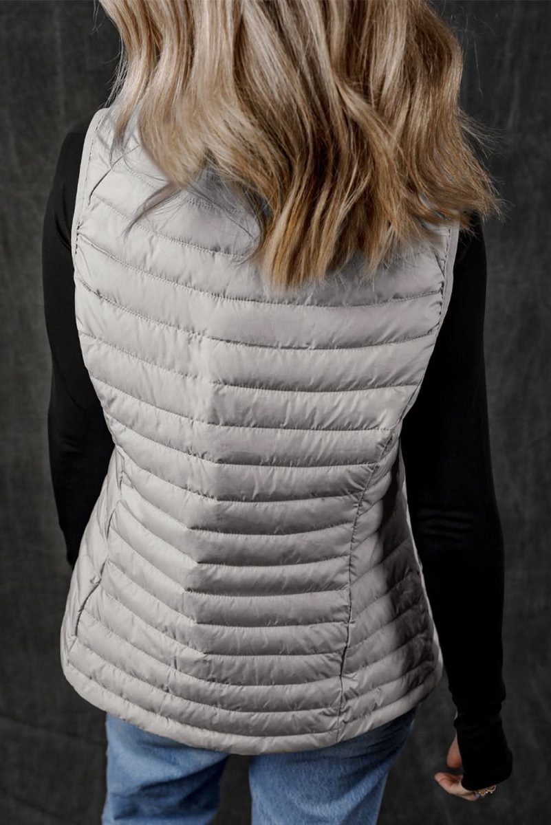 Silvery Plush Collared Quilted Zipped Puffer Vest - Love Salve