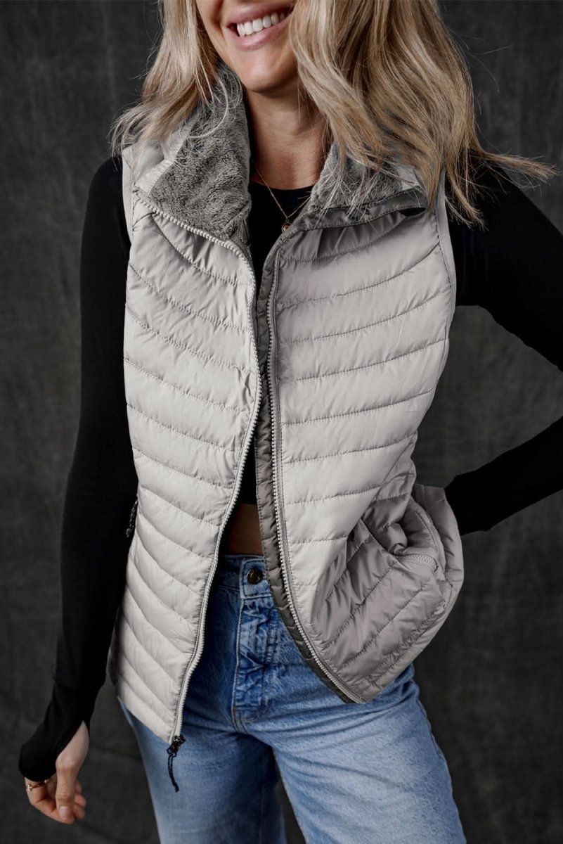 Silvery Plush Collared Quilted Zipped Puffer Vest - Love Salve