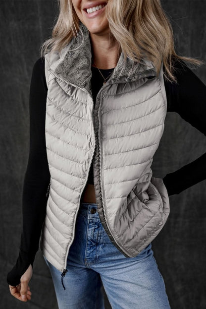 Silvery Plush Collared Quilted Zipped Puffer Vest - Love Salve