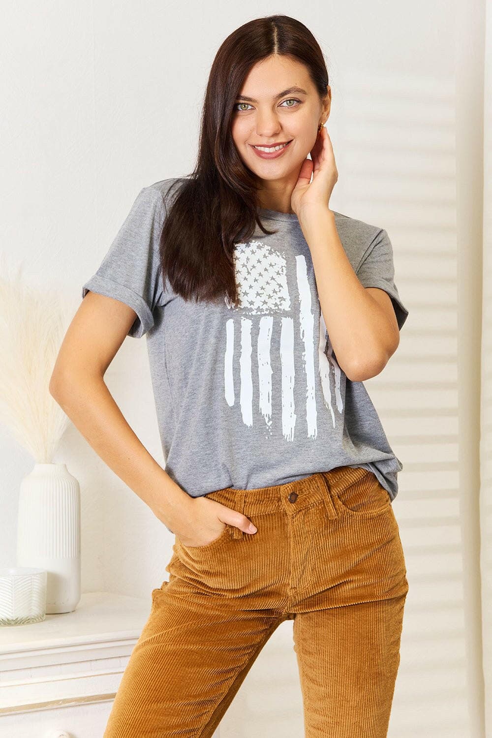 Simply Love US Flag Graphic Cuffed Sleeve T-Shirt - Love Salve