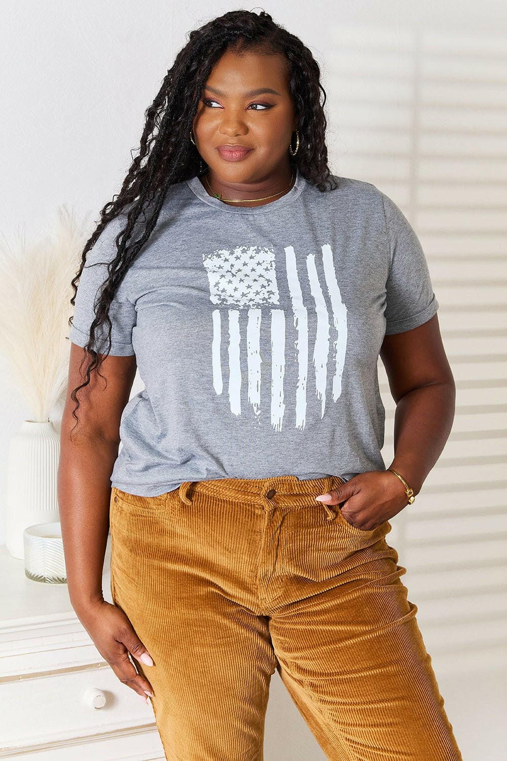 Simply Love US Flag Graphic Cuffed Sleeve T-Shirt - Love Salve