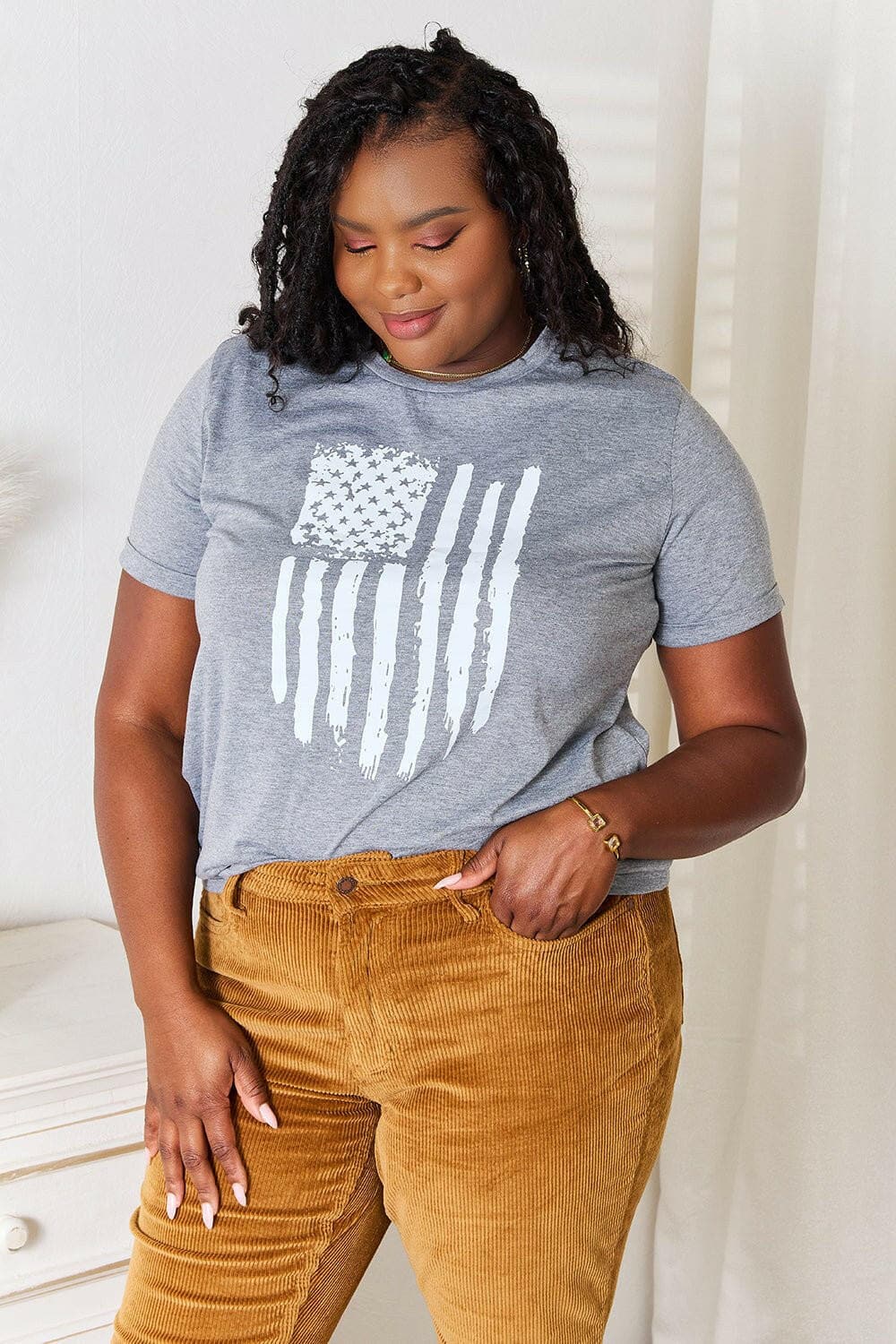 Simply Love US Flag Graphic Cuffed Sleeve T-Shirt - Love Salve