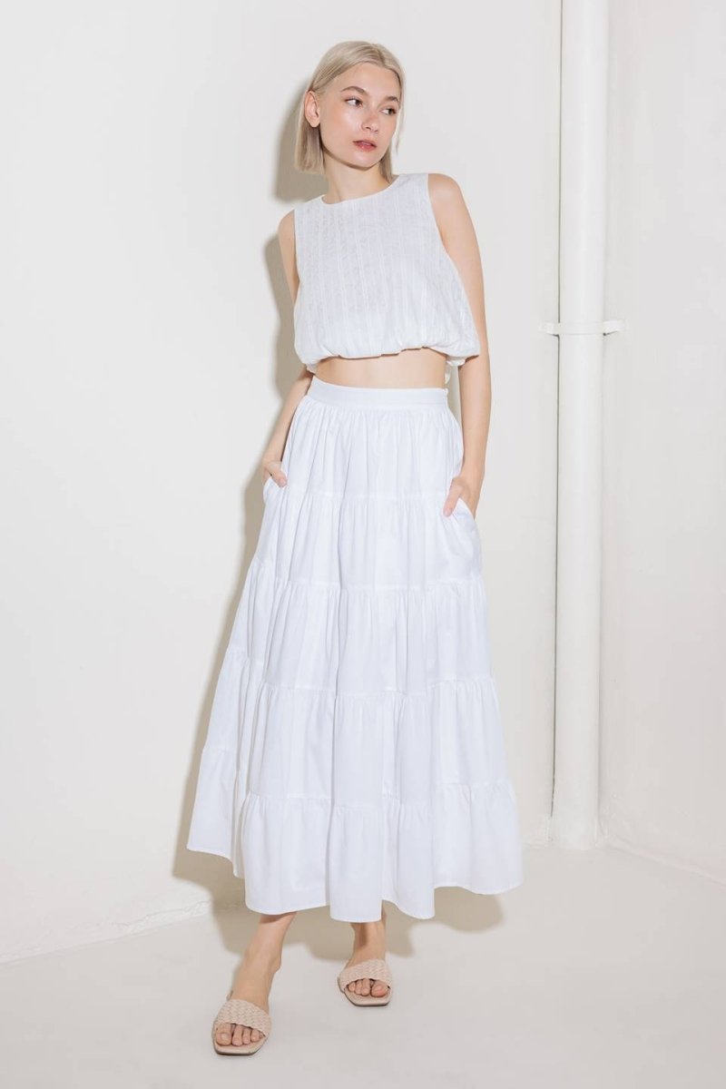 SIMPLY SPELLBOUND WHITE WOVEN FULL MIDI SKIRT - Love Salve