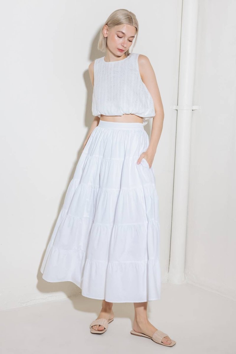 SIMPLY SPELLBOUND WHITE WOVEN FULL MIDI SKIRT - Love Salve