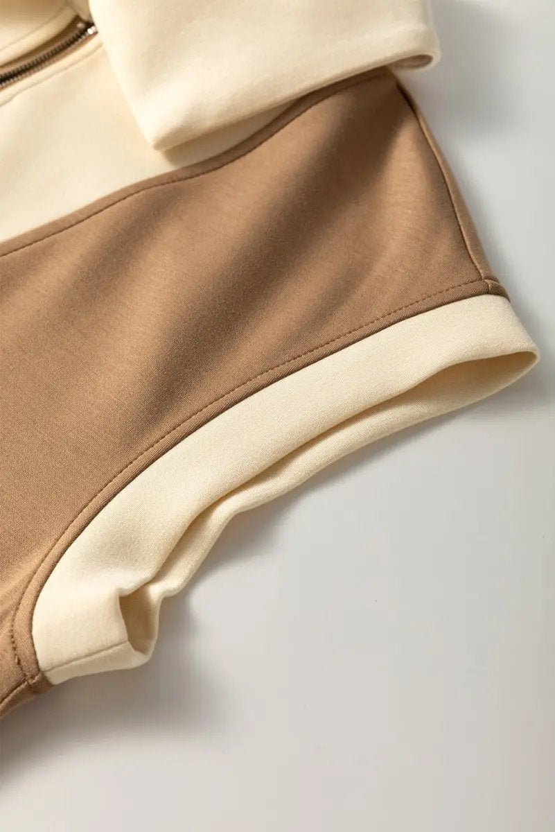 Simply Taupe Half Zipper Collared Colorblock Top - Love Salve 