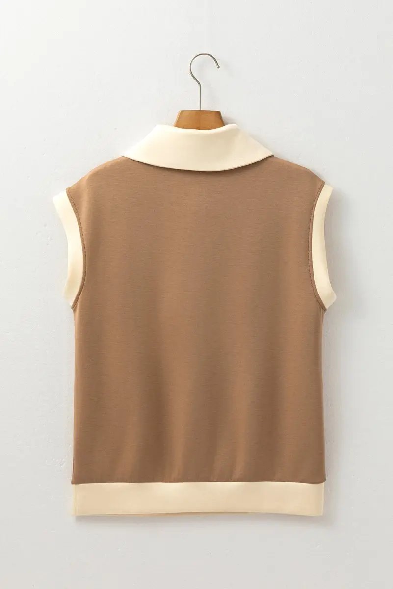 Simply Taupe Half Zipper Collared Colorblock Top - Love Salve 