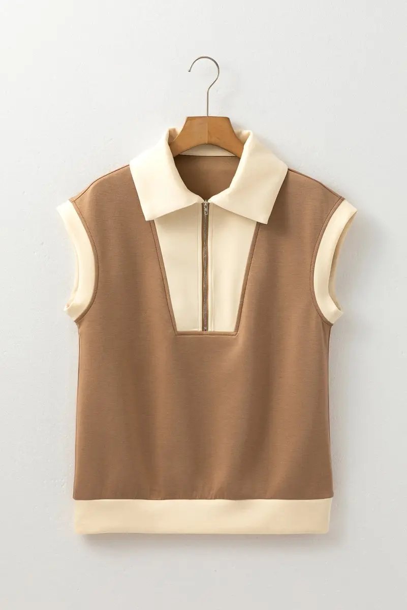 Simply Taupe Half Zipper Collared Colorblock Top - Love Salve 