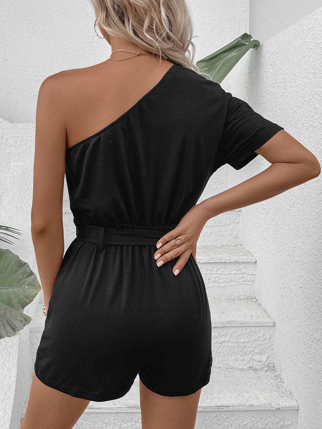 Single Shoulder Tie Waist Romper - Love Salve