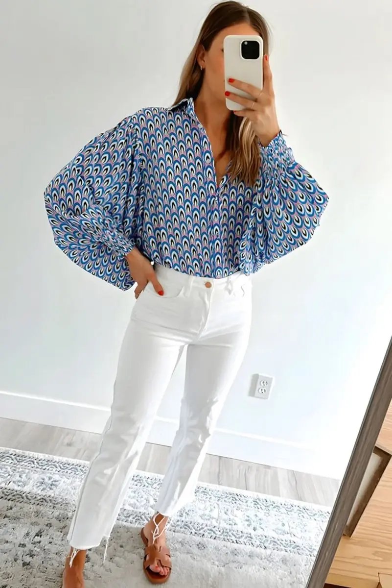 Sky Blue Abstract Print Shirred Cuff Buttoned Oversized Shirt - Love Salve 