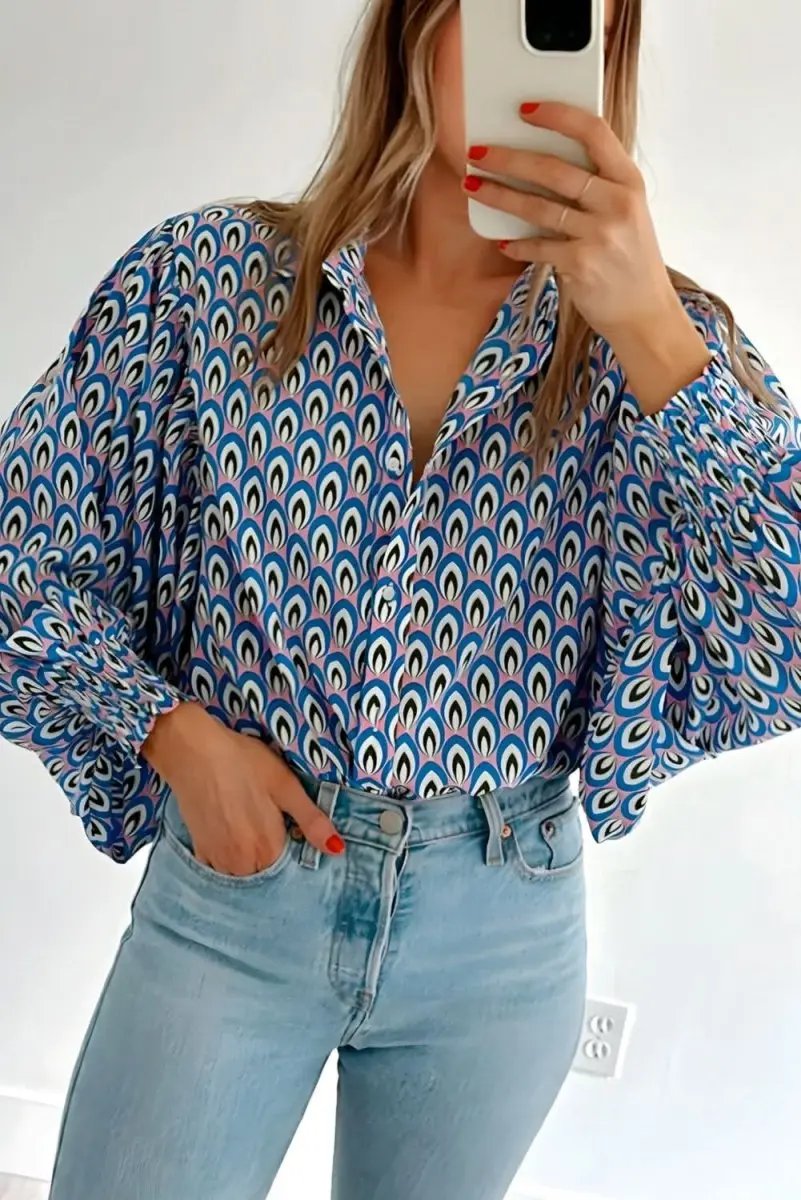 Sky Blue Abstract Print Shirred Cuff Buttoned Oversized Shirt - Love Salve 
