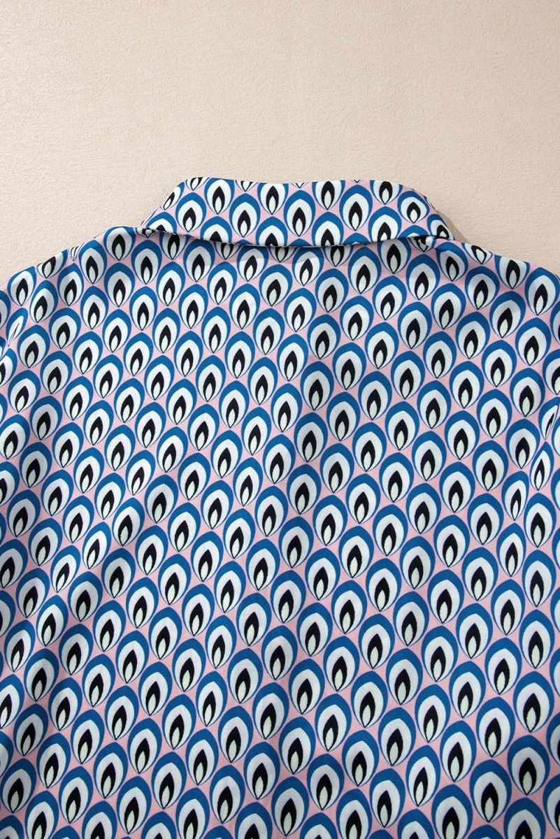 Sky Blue Abstract Print Shirred Cuff Buttoned Oversized Shirt - Love Salve 