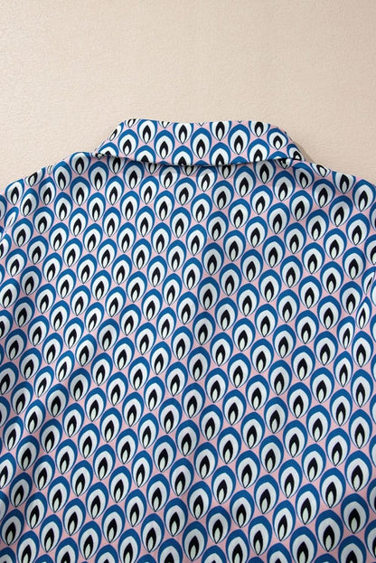 Sky Blue Abstract Print Shirred Cuff Buttoned Oversized Shirt - Love Salve 
