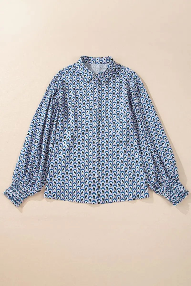 Sky Blue Abstract Print Shirred Cuff Buttoned Oversized Shirt - Love Salve 