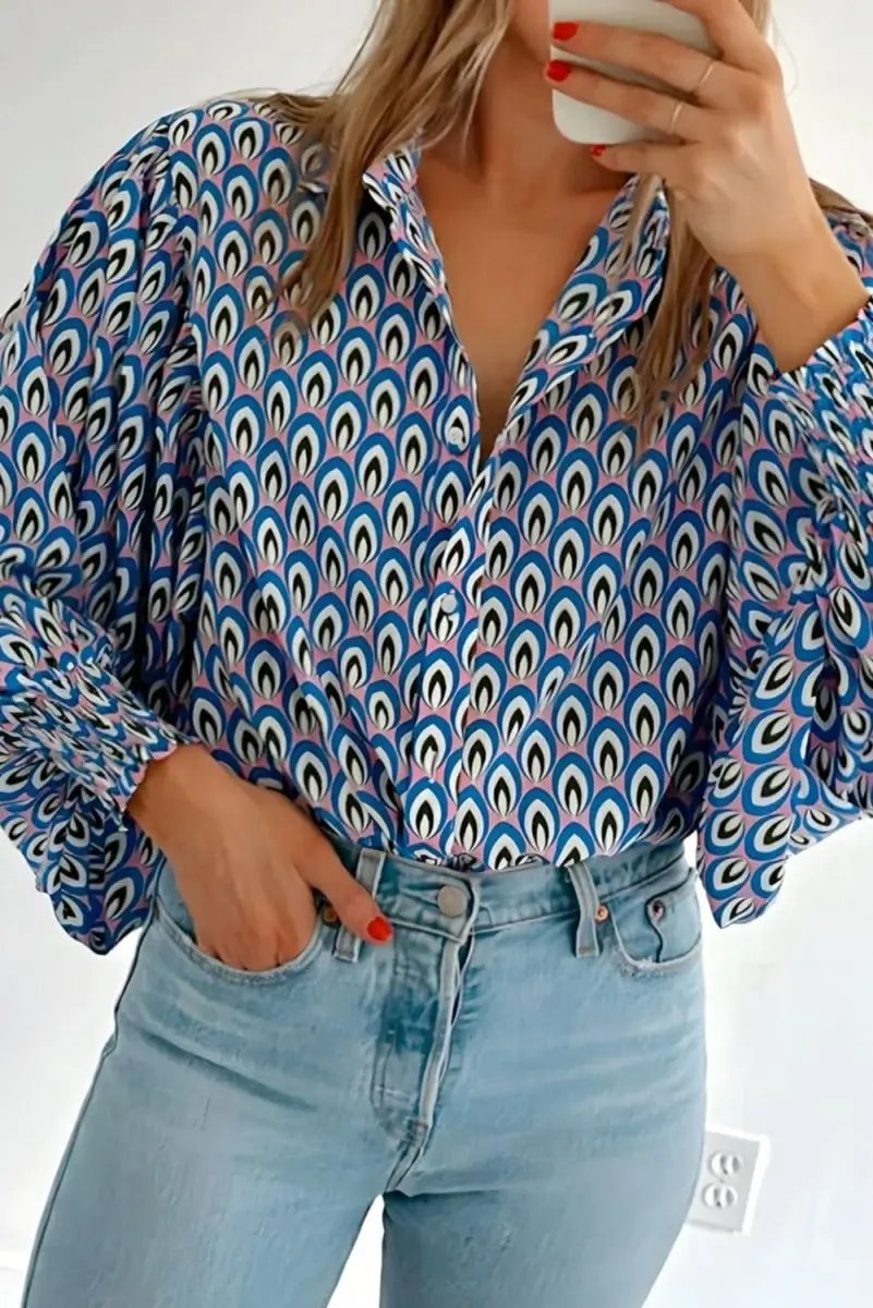 Sky Blue Abstract Print Shirred Cuff Buttoned Oversized Shirt - Love Salve 