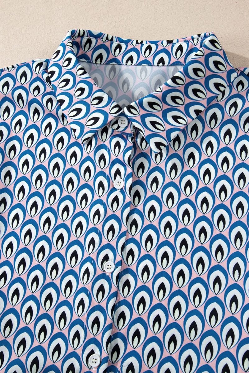 Sky Blue Abstract Print Shirred Cuff Buttoned Oversized Shirt - Love Salve 