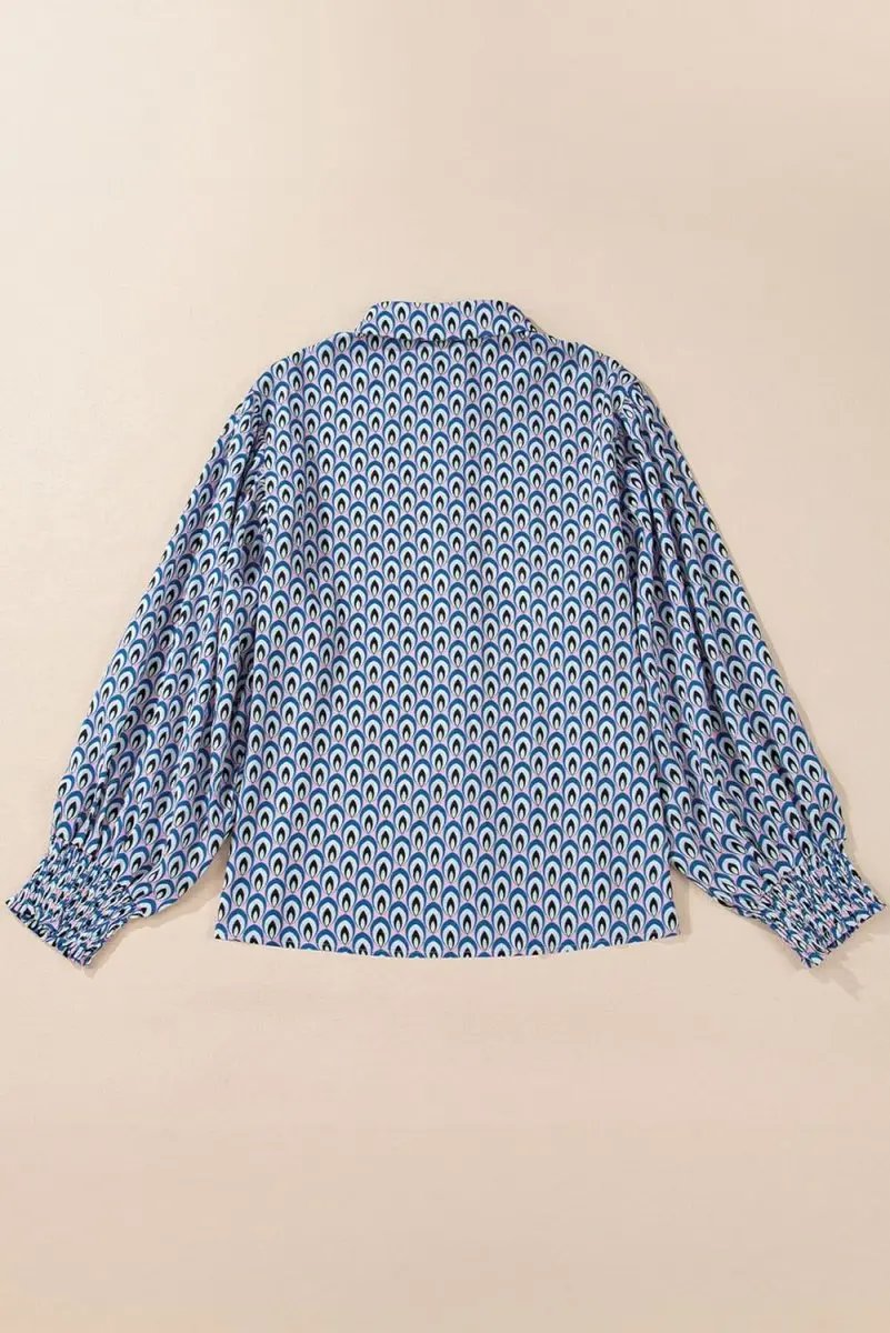 Sky Blue Abstract Print Shirred Cuff Buttoned Oversized Shirt - Love Salve 