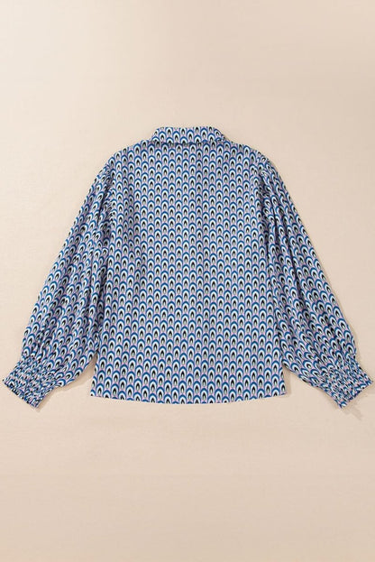 Sky Blue Abstract Print Shirred Cuff Buttoned Oversized Shirt - Love Salve 