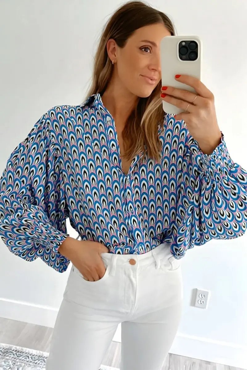 Sky Blue Abstract Print Shirred Cuff Buttoned Oversized Shirt - Love Salve 
